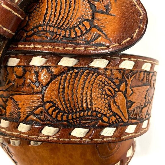 FORT WORTH LEATHER Armadillo Hand Tooled Belt - Picture 2 of 8